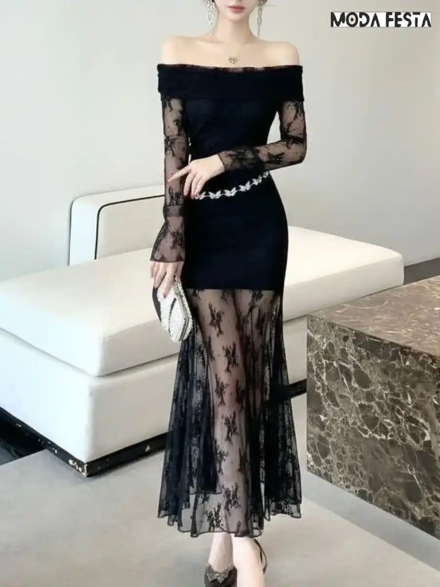 ModaFesta -eleant-off-shoulder-lace-style dress-black